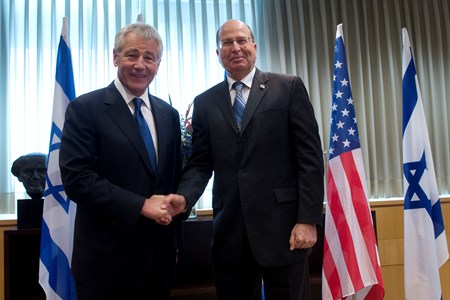 Secretary of Defense Chuck Hagel shakes hands with Israeli Minister of Defense, Moshe Ya'alon, in Tel Aviv, Israel, April 22, 2013.